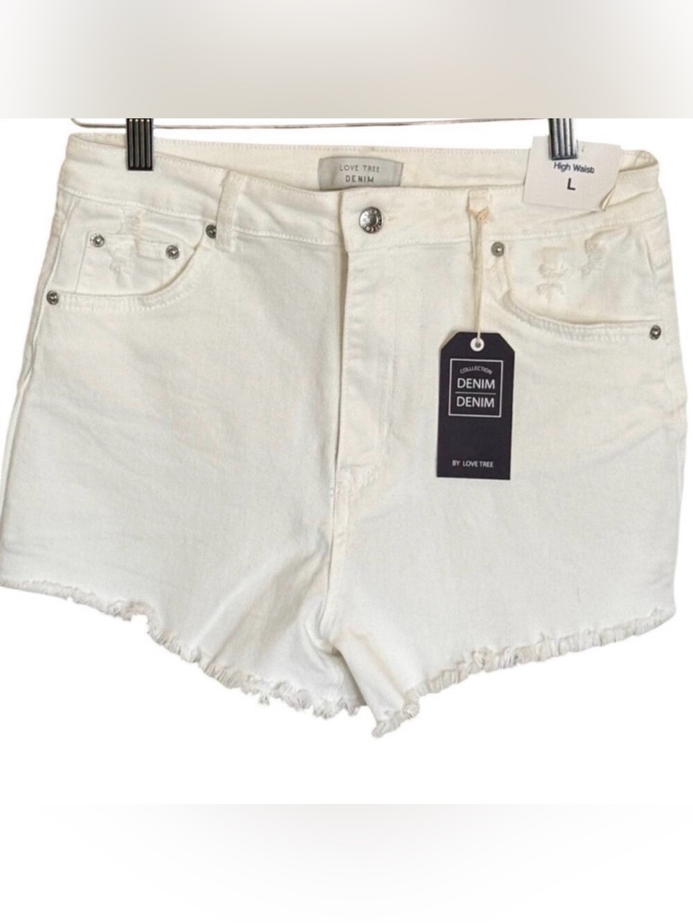 LOVE TREE High Waist White Denim Frayed Distressed Jean Shorts Size LG
